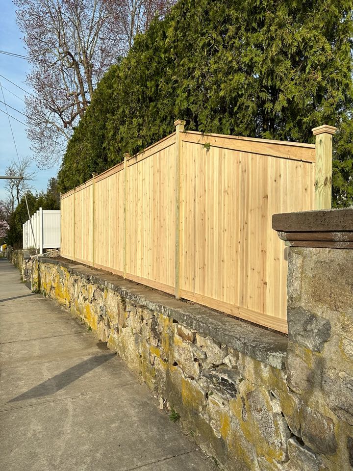 Our customer's fence in Stamford blew over in the recent storms. So they called us to replace it with a beautiful new custom cedar cap & trim fence. We think it looks fantastic, and the homeowner is highly satisfied!
