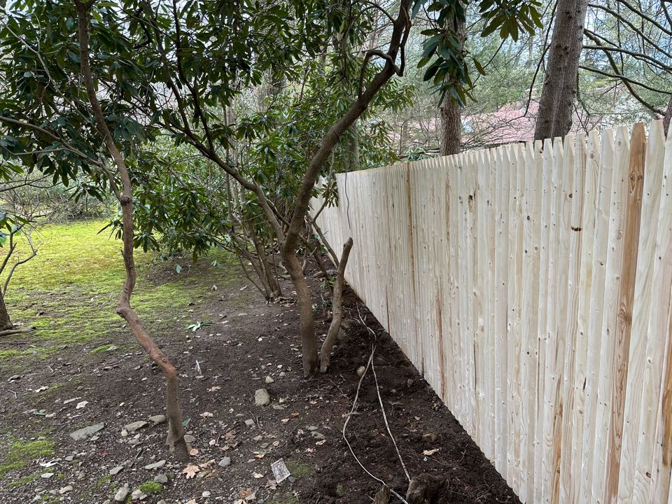 Our most recent clients needed this fence replaced on their 80+ year old property in Westport. They believe the fence was also original to the property - 80+ years old itself!

We replaced the fence with the same style - a really nice spruce stockade - although juuuuuuust a bit more modern of a look. Spruce is a really nice wood species, and with this 6' height stockade finish, provides privacy and protection with a natural beauty, all at a very reasonable price. Before and After. 