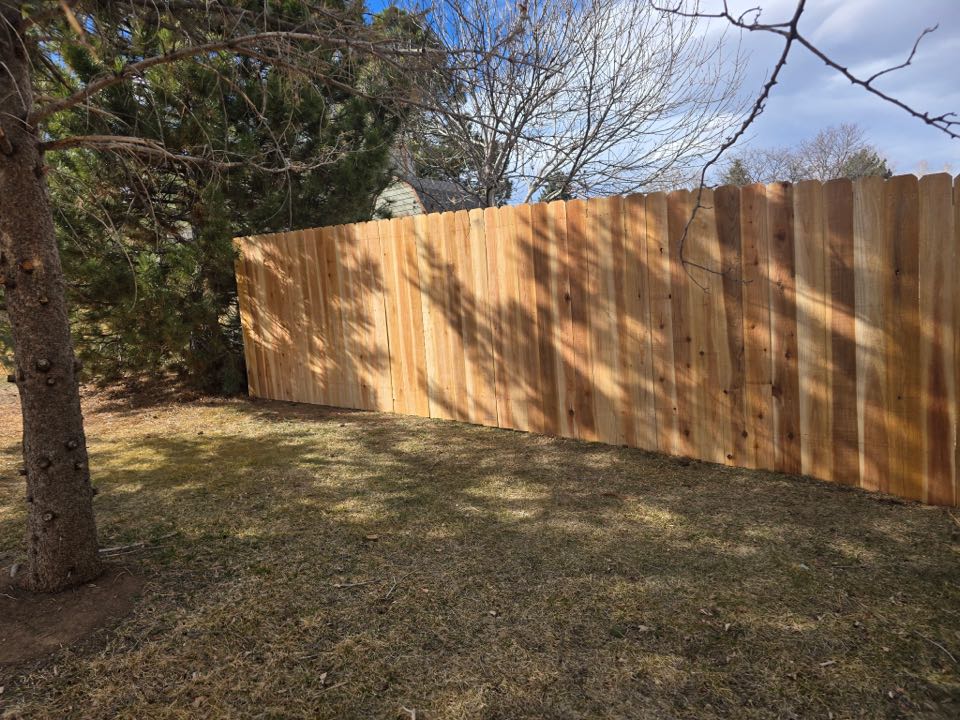 Top Rail Fence completed a beautiful 6 foot high cedar privacy fence with a double gate in Thornton Colorado. 