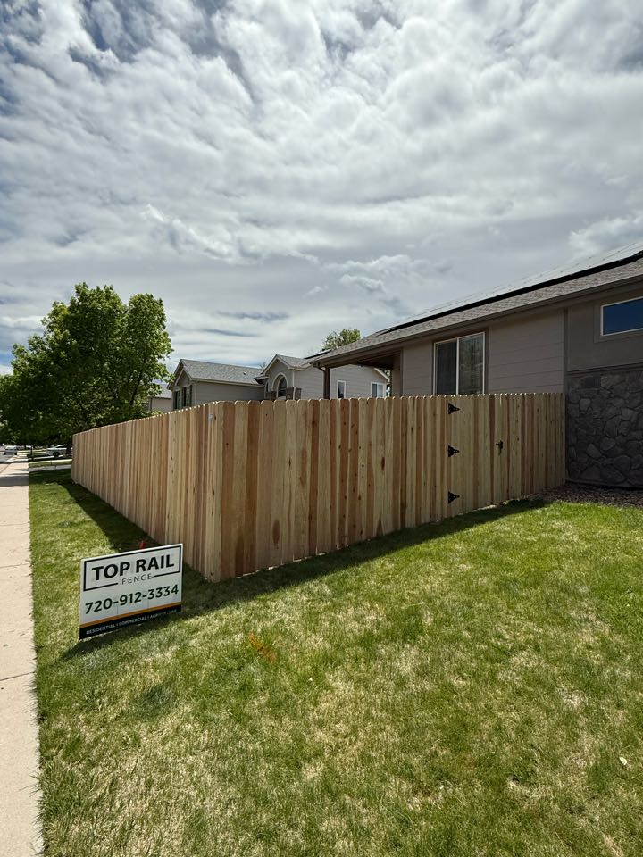 Top Rail fence completed a 6 foot high privacy fence with 6” pickets in Thornton Colorado. The goal was to expand the yard for their dog and with HOA approval and a permit we were able to do just that. The customer and their pup are so happy with their new fenced in space! 