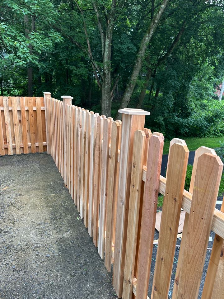 A fun one this week in Greenwich! Fence material on top of a garage to create a beautiful outdoor living space. A cedar board on board shadowbox fence creates safety and privacy, all while allowing air flow for these brutally hot summer days!
