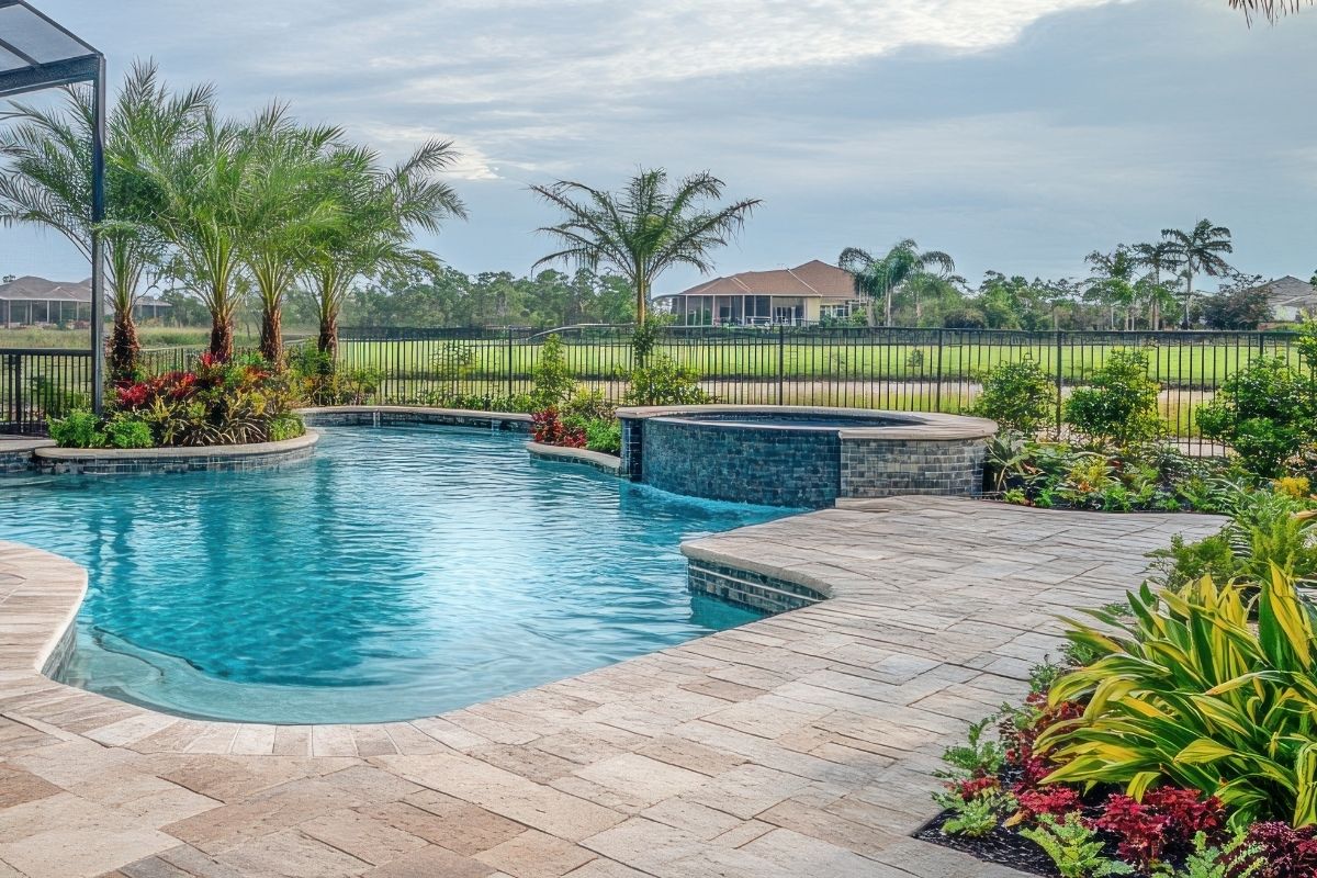 Pool with ornamental metal fence