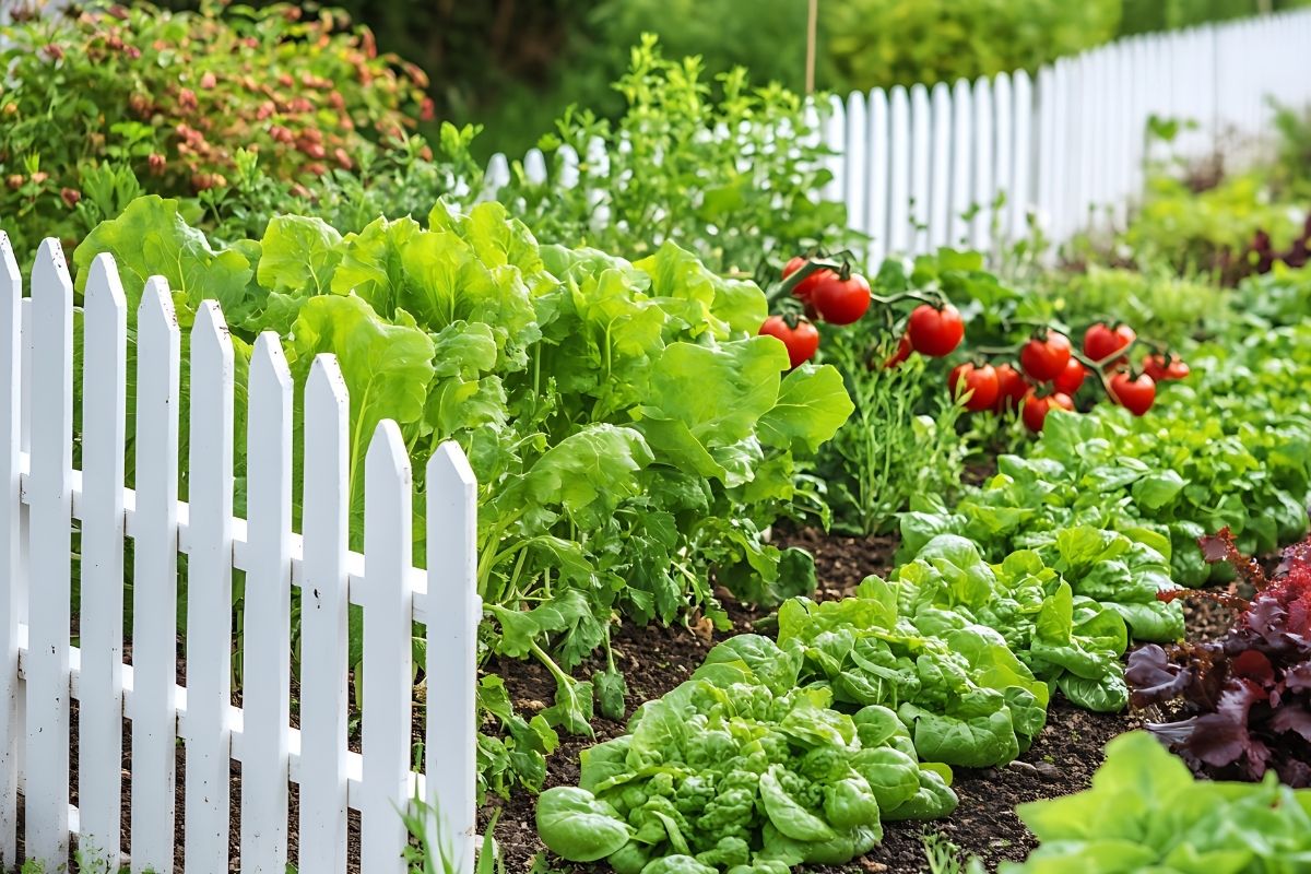 Garden with white picket fence by top rail fence
